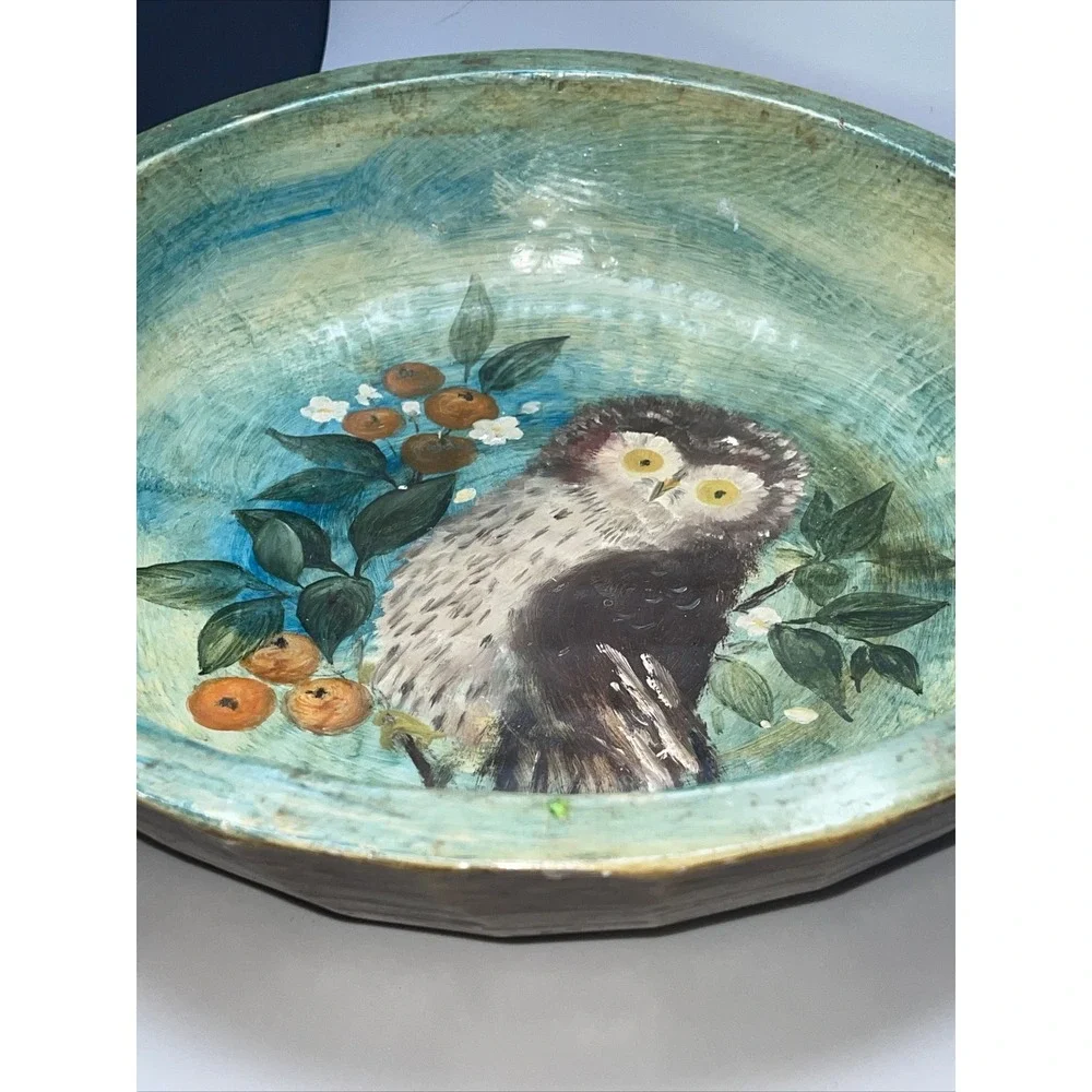 Vintage Mexican Folk Art Painted Carved‎ Wood Bowl Woodland Owl Cottagecore